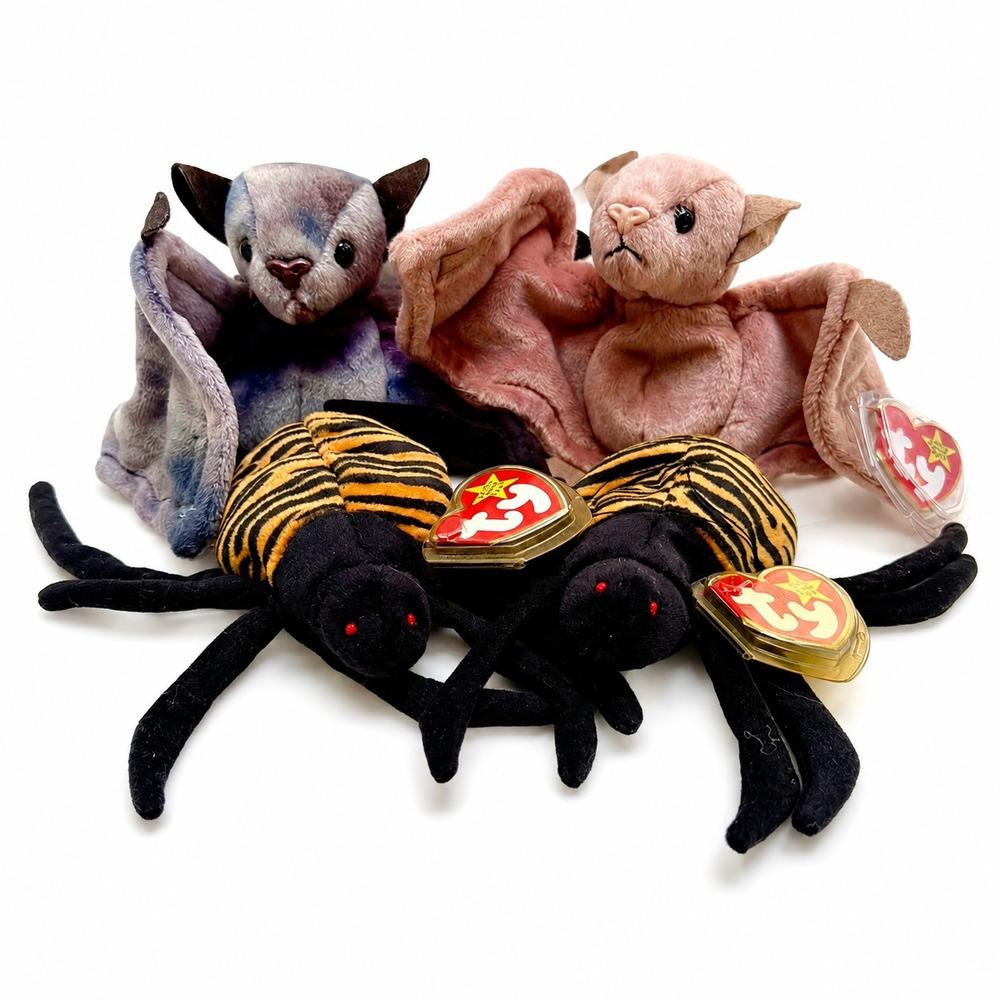 Ty Beanie Babies Batty Spinner Halloween Lot 4 Mocha Tie Dye Bats Spiders Tags